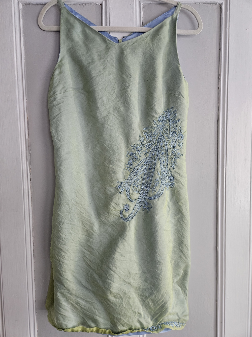 Express Pale Green Midi Dress with Blue Embroidery Sz 9/10 PTP=17
